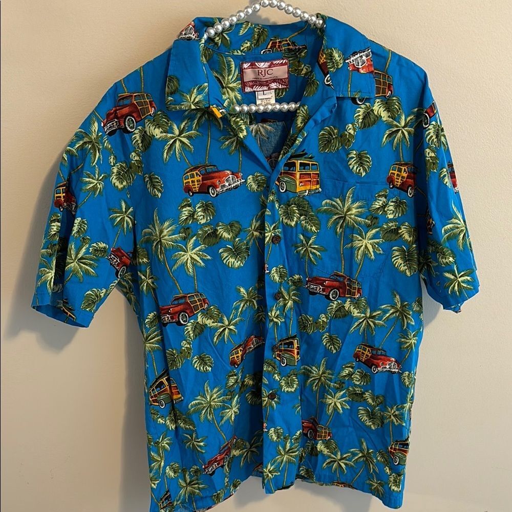 RJC Hawaiian Shirt Mens Large L Blue Woodie Car Palm Tree Cotton Made in Hawaii